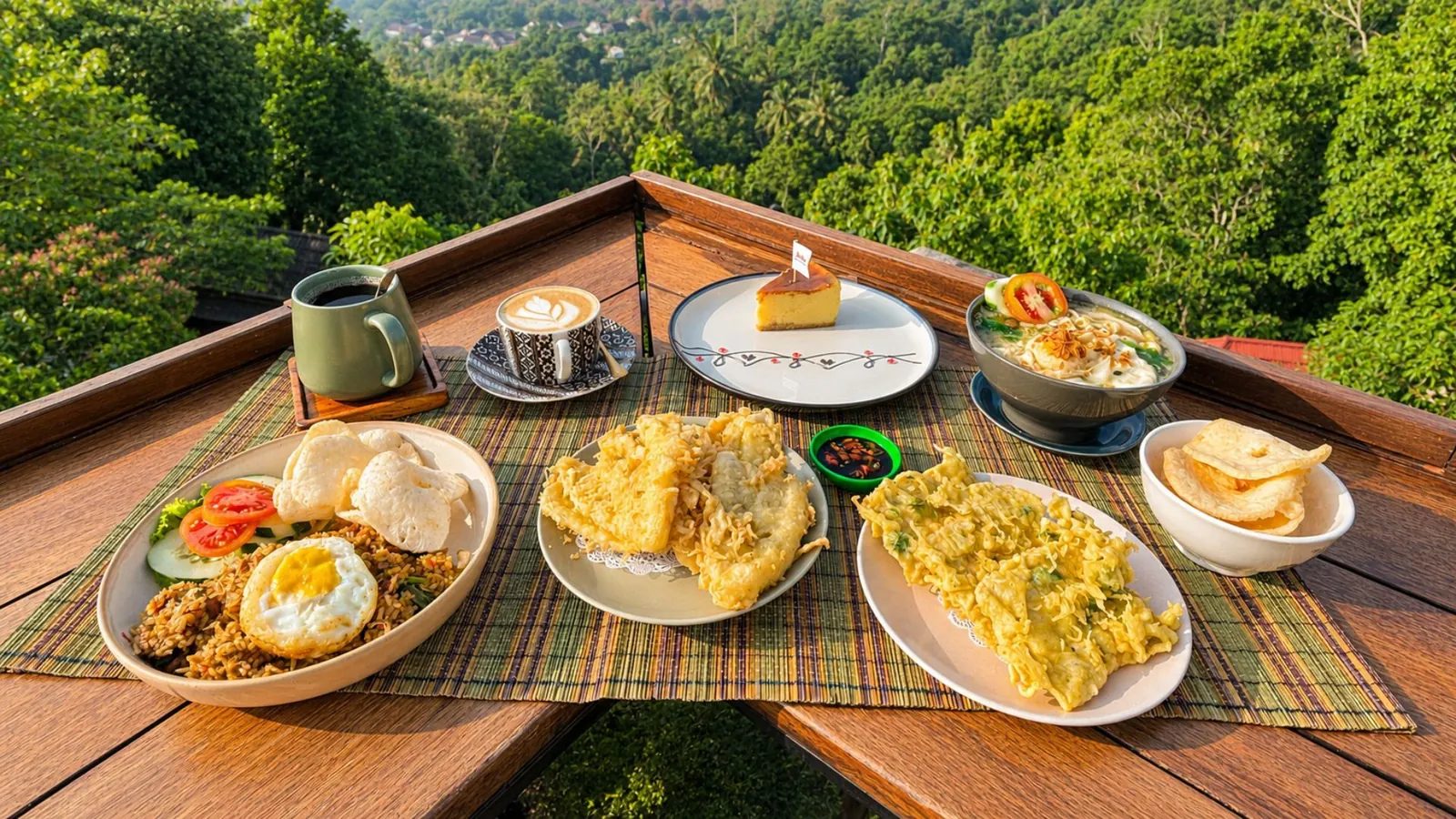 Hidangan nasi goreng, gorengan, kopi, dan cheesecake di meja kayu Kedai Bukit Rhema dengan view hutan
