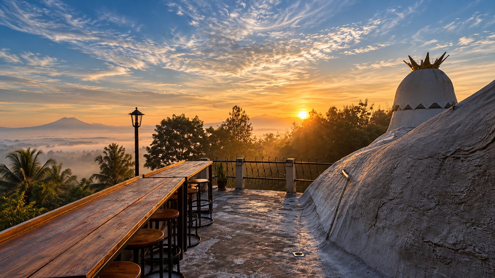 Sunrise di teras dekat mahkota bangunan merpati Rumah Doa Bukit Rhema